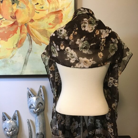 Large Voluminous Semi Sheer Tasseled Floral Scarf In Brown, Cream and Sage - Picture 3 of 14